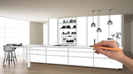 Unfinished project, under construction draft, concept interior design sketch, hand drawing modern...