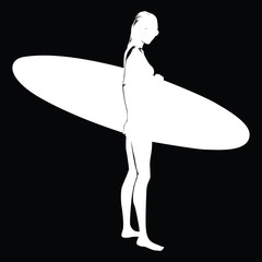 Gorgeous outline of a woman with a surfboard, black background