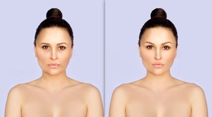 Fototapeta na wymiar Aging. Mature woman-young woman.Face with skin problem.Showing photos before and after
