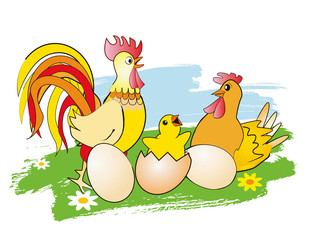  Easter Chicken, Hen, Rooster and Eggs. Colorful stylized illustration of chicken, Hen, and rooster on a meadow .Isolated on white background. Vector available.