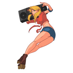 Beautiful blonde girl in jeans shorts is riding on roller skates and holding a boombox