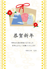 椿の花とネズミの絵馬の年賀状（賀詞有り）