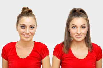 The Secret of Makeup. Before- After,Portrait of beautiful girl  with problem and clear skin 