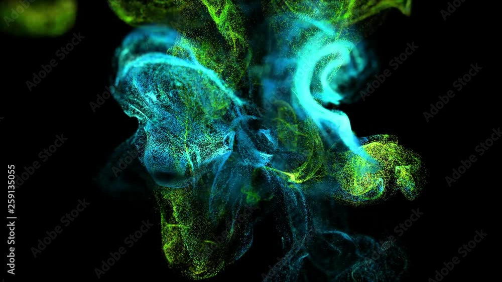 Poster 4k luminous particles move in liquid flow and stumble upon a force field in the center of frame push