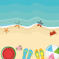 different beach utensils summer holiday background with flip flops watermelon crab and starfish vector illustration EPS10