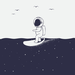 astronaut rides on surfboard on space sea © Galacticus