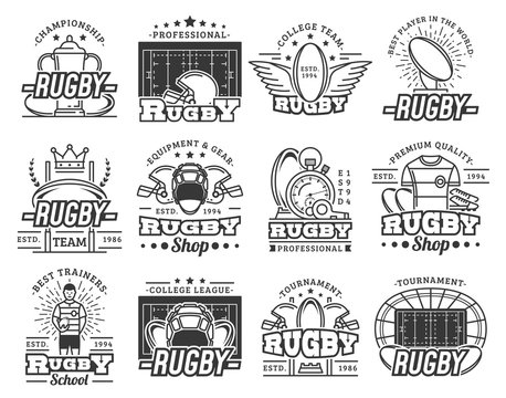 Rugby sport shop signs, team sport club icons