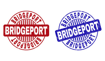 Grunge BRIDGEPORT round stamp seals isolated on a white background. Round seals with distress texture in red and blue colors. Vector rubber overlay of BRIDGEPORT title inside circle form with stripes.
