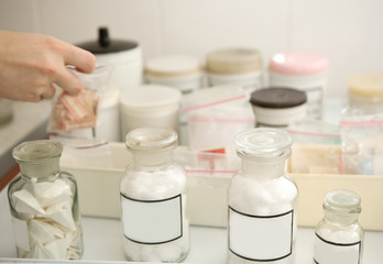 bottles for drugs with an empty space for text. Ingredients for drugs in bottles. Old pharmacy.
