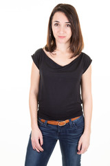 Woman Portrait portrait in jeans and black shirt under white background