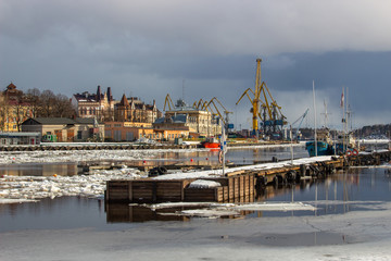 The city's port in Vyborg. Yellow port cranes