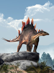Stegosaurus, was a thyreophoran dinosaur. An herbivore, it is one of the best known dinosaurs of the Jurassic period. Here, a grey and brown one is standing on a pile of boulders. 3D Rendering. 