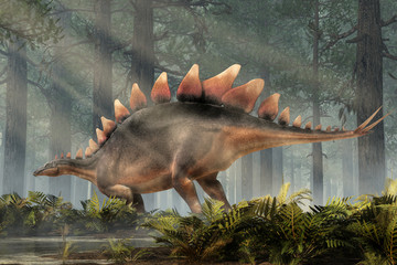 Stegosaurus, was a thyreophoran dinosaur.  An herbivore, it is one of the best known dinosaurs of the Jurassic period. Here, a grey and brown one is in profile in a forest. 3D Rendering. 