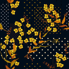 Geometric seamless print polka dots design vector illustration. Modern memphis pattern with hand drawn wild flowers.