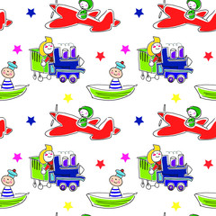 Toys pattern. Seamless background drawn by hands doodle toys (bear, airplane, train, sailor). Cute children vector pattern on a transparent background.