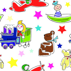 Toys pattern. Seamless background drawn by hands doodle toys (bear, airplane, train, sailor). Cute children vector pattern on a transparent background.