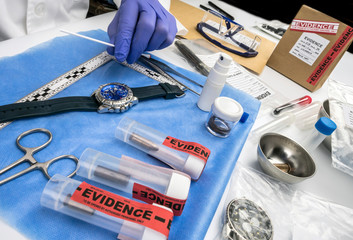Police scientist working in Criminalistic Lab, victim clock analysis for murder, conceptual image