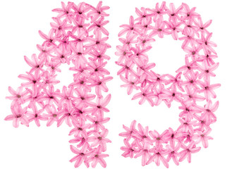 Numeral 49, forty nine, from natural flowers of hyacinth, isolated on white background