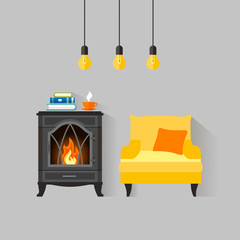 Modern lounge with furniture. Vector illustration. Interior in flat style.