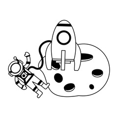 Spaceship and astronaut on moon in black and white