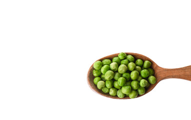 Green peas in wooden spoon isolated on white background.