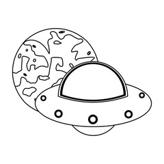 UFO flying around moon in black and white