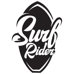 Surf rider lettering poster. Surfing related t-shirt design. Vector vintage illustration.