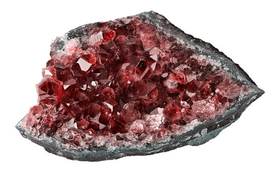 red dark ruby in geode on white