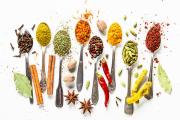Set of indian spices in spoons on white