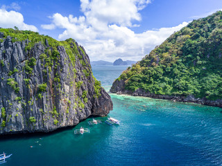 Aerial Drone Panorama Picture of two limestone Islands in El Nido, Palwan, Philippines