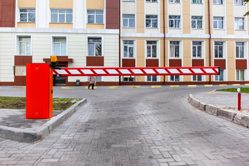 closed barrier in front of the building