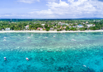 Fototapeta na wymiar Aerial Drone Panorama Picture of the white sand Alona Beach in Panglao, Bohol in the Philippines