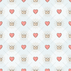 Seamless background with royal sunburst crown and heart - pattern for wallpaper, wrapping paper, book flyleaf, envelope inside, etc. Vector illustration.