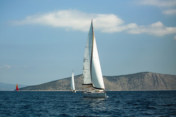 Fototapeta premium Sailing yacht boat at the Aegean Sea near Greece coasts. Luxury cruise yachting.