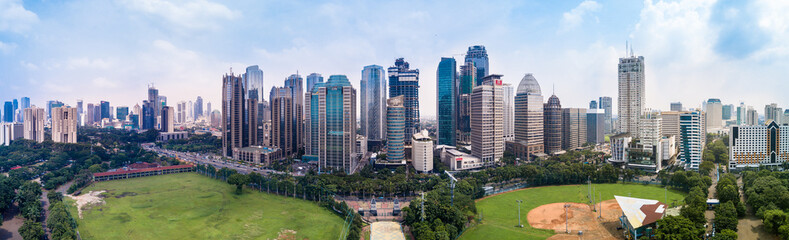 Fototapeta na wymiar Panorama Drone Shot of the Sudirman Central Business District in Jakarta, Indonesia