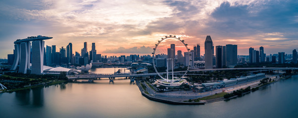 Panorama Drone Aerial Picture of Marina Bay in Singapore during Sunset