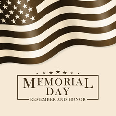 Memorial Day background with USA flag and lettering. Black and white template for Memorial Day design. Memorial Day background in retro style. Vector EPS 10.