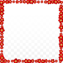 Vector Realistic Red Flowers Falling on Transparent Background.  Spring Romantic Flowers Illustration. Flying Asian Rose Spa Design. Blossom Confetti. Design Elements for Wedding Decoration.