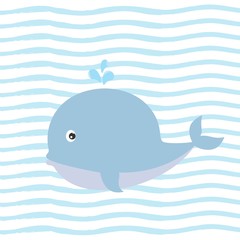 Obraz premium Greeting card with charming whale on background with blue stripes.
