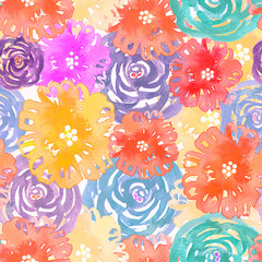 Seamless pattern with watercolor colorful flowers