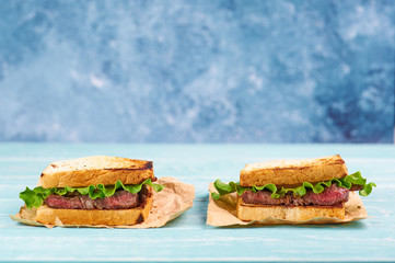 sandwich katsu sando with beef steak. wagyu katsu. japanese cuisine traditional food. Trendy healthy fast food