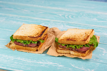 two sandwich katsu sando with beef steak. wagyu katsu. japanese cuisine traditional food. Trendy healthy fast food snack