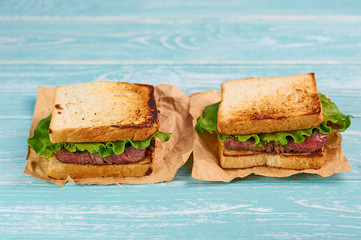 two sandwich katsu sando with beef steak. wagyu katsu. japanese cuisine traditional food. Trendy healthy fast food snack