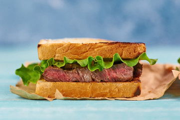 sandwich katsu sando with beef steak. wagyu katsu. japanese cuisine traditional food. Trendy healthy fast food