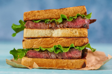 sandwich katsu sando with beef steak. wagyu katsu. japanese cuisine traditional food. Trendy healthy fast food