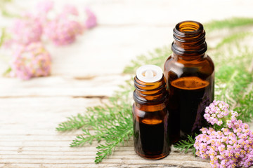 yarrow essential oil and fresh yarrow flowers on the wooden board