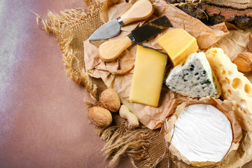 Delicious cheese on the table. A big assortment of different kind of cheeses. Close up, Flat lay. copy text