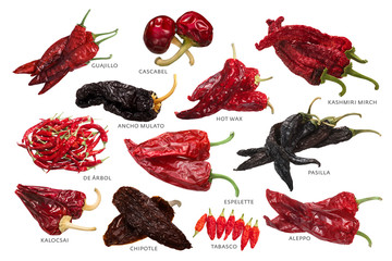 Different dried peppers, paths - obrazy, fototapety, plakaty