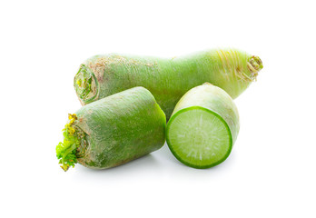 Whole single green radish on white background