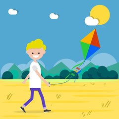 Fototapeta premium Happy young character walks outdoors with a kite. Flat cartoon design.Clip art